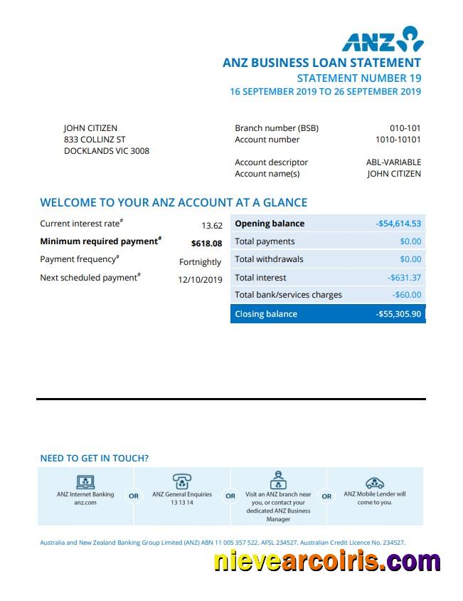Australia ANZ proof of address bank statement